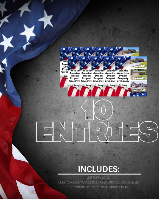 10 entries Win the American Dream Property Giveaway Promotional material with American flag design and text on a dark background