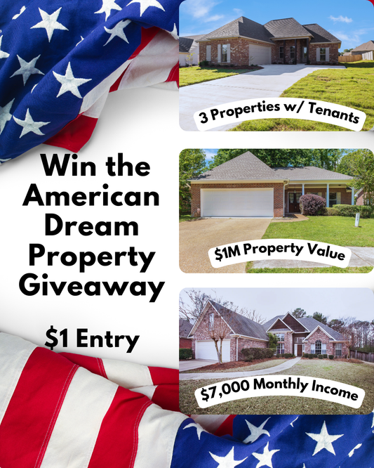Win the American Dream Property Giveaway Advertisement for a property giveaway with houses and American flag elements.