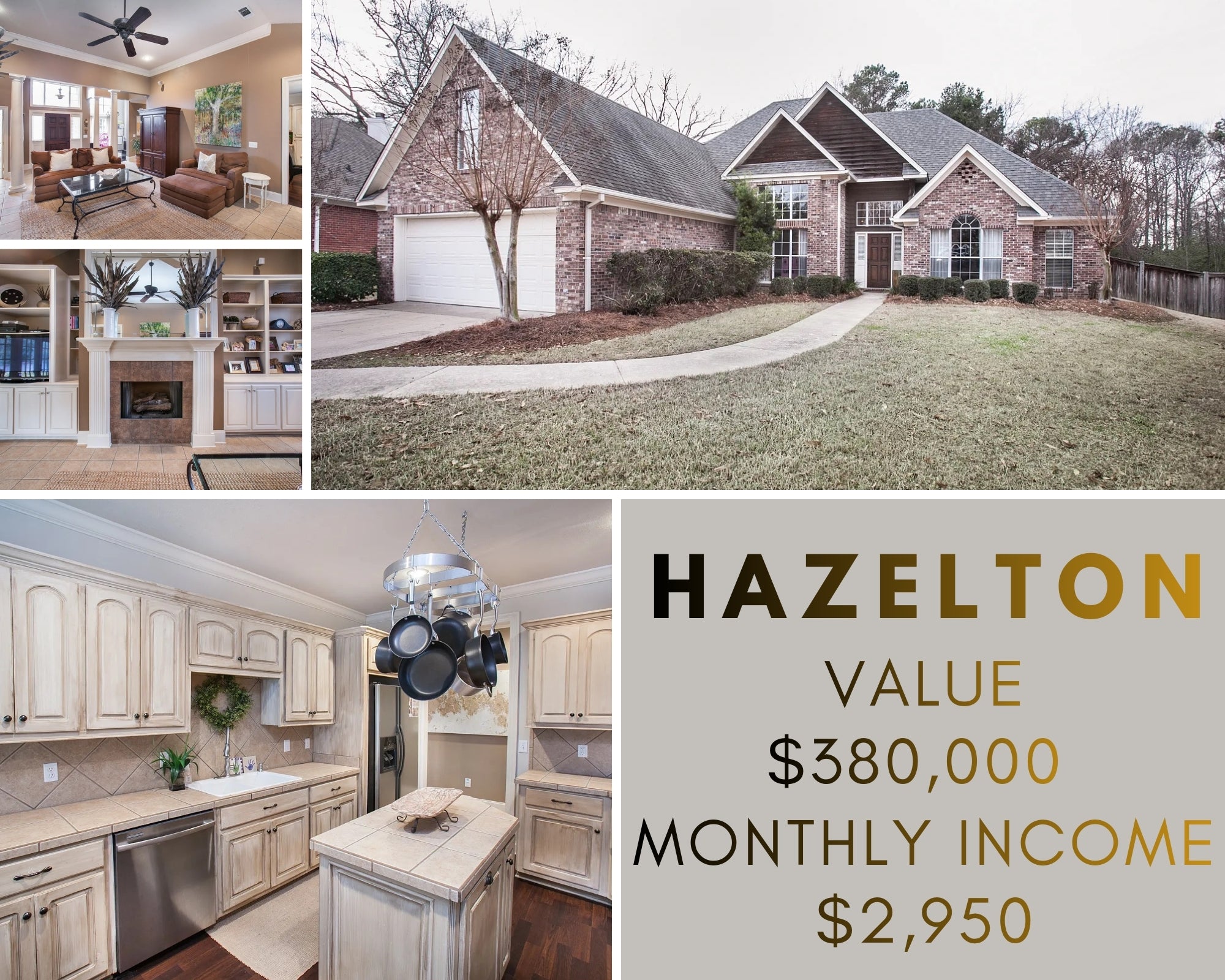 Win the American Dream Property Giveaway Real estate advertisement for a house with interior and exterior views, including kitchen and living room.