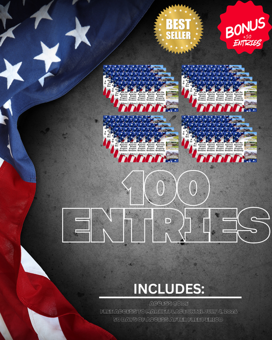 100 entries into Win the American Dream Property Giveaway. Product packaging with American flag design, text '100 Entries' and 'Best Seller' badge on a dark background.