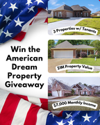 American Dream Property Giveaway. Collage of houses with text about a property giveaway, featuring an American flag.